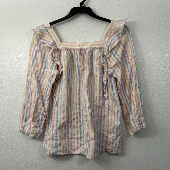 Chaps Pastel Striped Ruffle Square Neck Gauze Blouse Top - Picture 2 of 10
